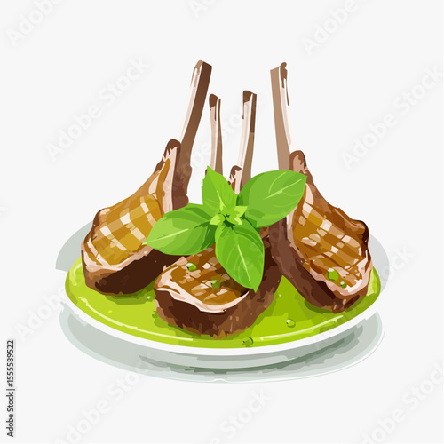 Gourmet grilled lamb chops served on a plate and garnished with fresh basil. An isolated vector illustration of a fine dining meat dish.