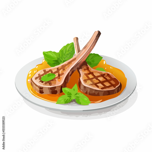 Gourmet grilled lamb chops served on a plate with savory sauce and fresh basil garnish. Vector food illustration.