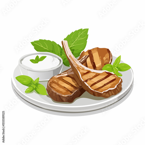 Gourmet grilled lamb chops served on a plate with a side of creamy mint sauce and garnished with fresh basil. An appetizing dinner meal illustration.