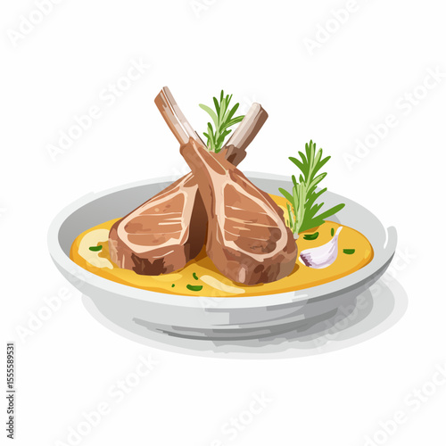 Gourmet grilled rack of lamb with rosemary and garlic sauce, an elegant main course meal illustration.
