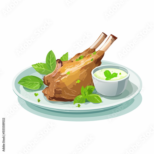 Gourmet grilled rack of lamb served with a creamy dipping sauce and fresh basil leaves on a plate. Food illustration concept.