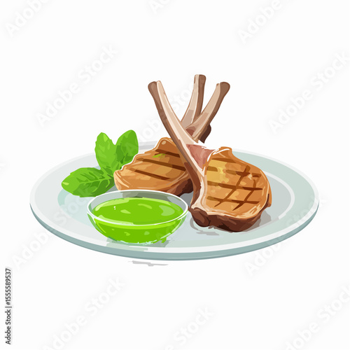 Gourmet grilled lamb chops with fresh mint sauce served on a white plate, culinary vector illustration.