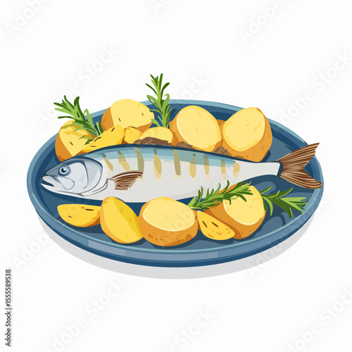 Illustration of a delicious whole baked mackerel served with potatoes and fresh rosemary on a blue plate. A healthy seafood dinner.