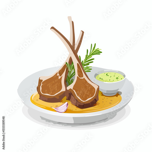 Gourmet grilled lamb chops served with savory sauce, fresh rosemary, and garlic on a plate