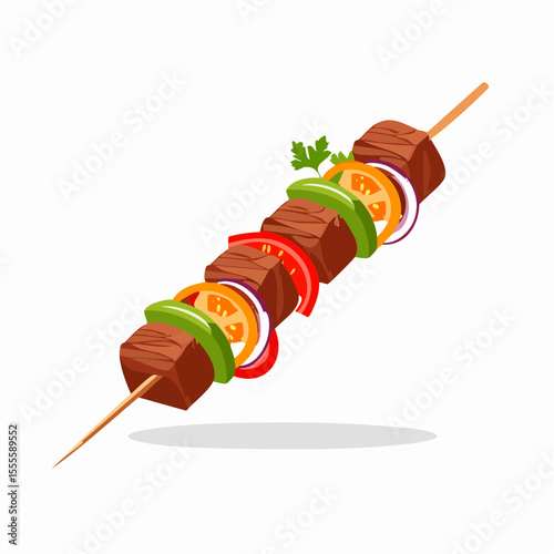 Delicious grilled meat kebab on a wooden skewer with fresh vegetables. Vector illustration of a brochette or shashlik.