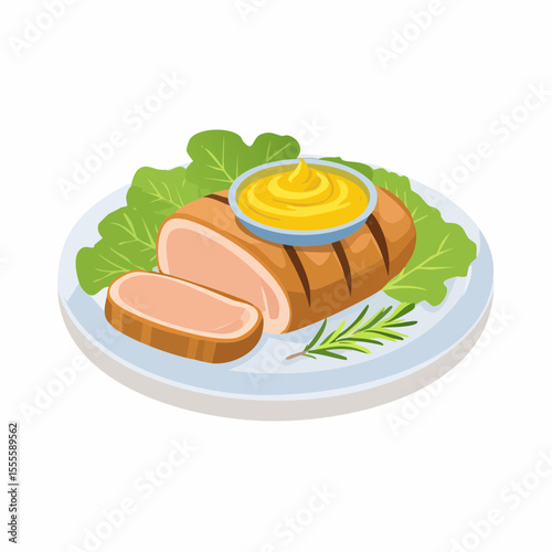Savory grilled meat roast, sliced and presented on a plate with fresh greens, rosemary garnish, and a side of mustard sauce.