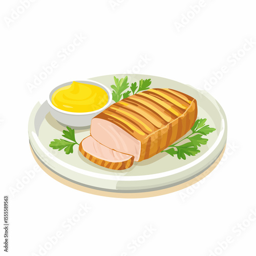Grilled pork loin sliced on a plate with mustard dipping sauce and fresh parsley. Delicious homemade dinner concept vector illustration.