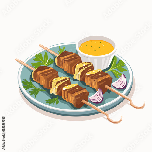 Appetizing grilled beef kebab skewers with a savory dipping sauce and fresh garnish. Culinary food illustration.