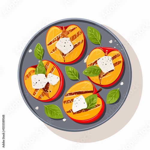 Elegant appetizer concept with grilled peaches, soft cheese, and fresh basil. A healthy and gourmet summer dish served on a plate.