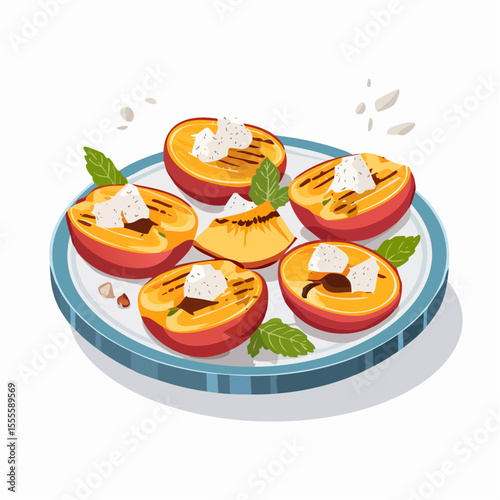Delicious grilled peaches appetizer with soft white cheese and fresh mint leaves served on a ceramic plate
