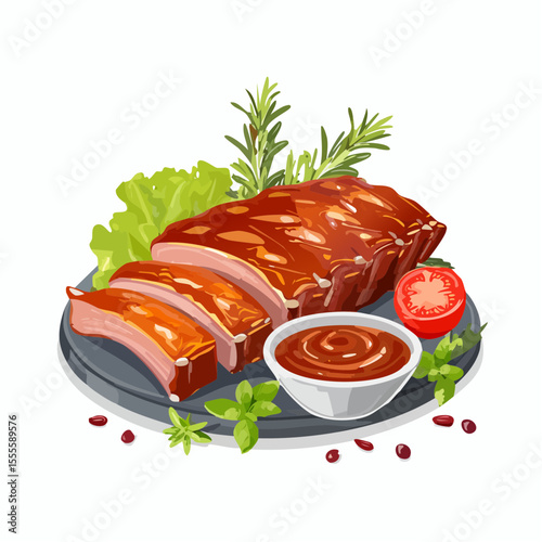 Savory illustration of grilled barbecue pork ribs with tangy dipping sauce, garnished with fresh rosemary and basil on a platter