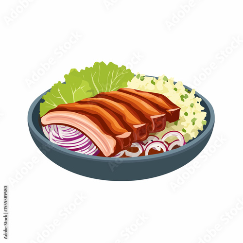 Illustration of a delicious gourmet food bowl with sliced roasted pork, fluffy rice, red onions, and fresh lettuce garnish.