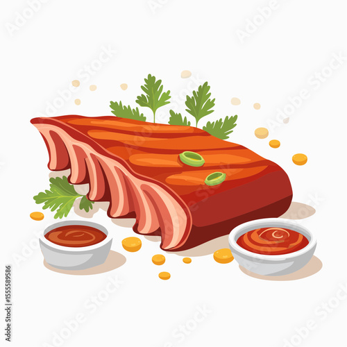 Delicious grilled rack of barbecued pork ribs with fresh parsley garnish and dipping sauce. Vector food illustration isolated on a white background.
