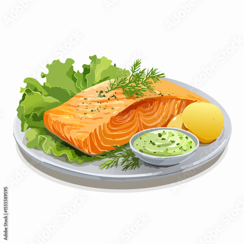 A gourmet grilled salmon fillet served with fresh lettuce, lemon, and a creamy dill sauce, representing a healthy and delicious meal.