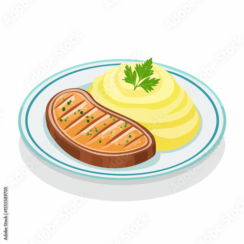 Illustration of a classic comfort food meal featuring a grilled steak with mashed potatoes and parsley garnish on a plate.