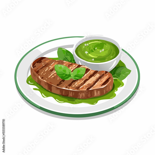 Grilled beef steak with green pesto sauce and basil garnish served on a plate. Delicious culinary meal concept illustration.