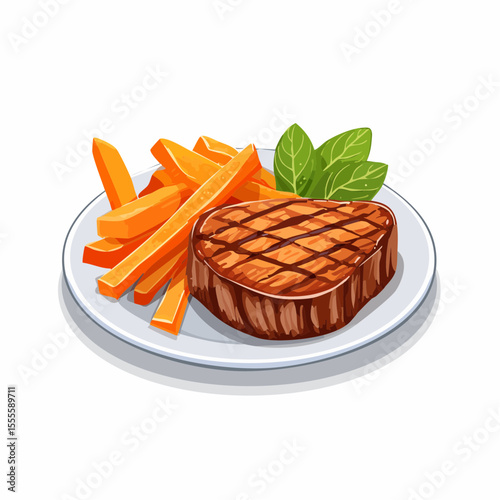 Grilled beef steak with thick-cut french fries, a classic hearty dinner meal served on a plate