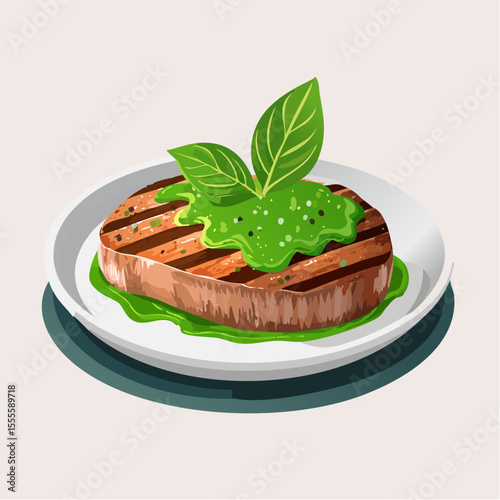 Gourmet grilled beef steak with a vibrant green herb sauce and basil garnish, a delicious culinary illustration