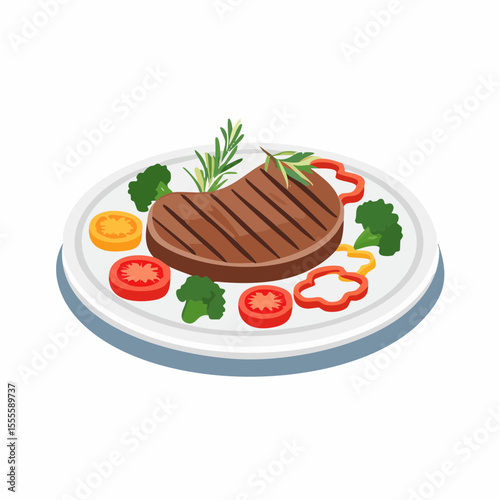 Delicious grilled beef steak with rosemary, served with a colorful medley of fresh vegetables, illustrating a healthy and balanced meal.