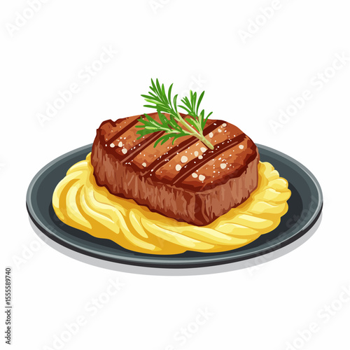 A savory grilled beef steak seasoned with salt and fresh rosemary, served on creamy mashed potatoes for a gourmet dining experience