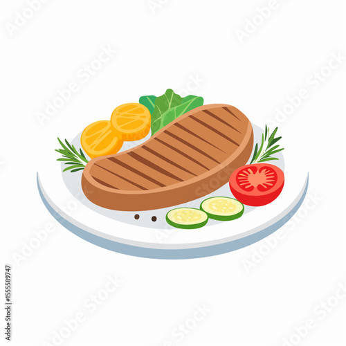 A delicious grilled steak served on a plate with fresh vegetables, including tomatoes, cucumbers, and herbs for a healthy dinner.