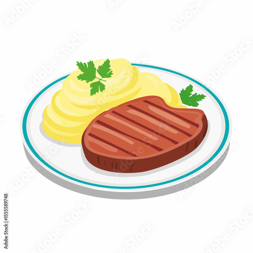 A delicious grilled beef steak and mashed potatoes meal. Classic comfort food dinner served on a plate, vector illustration.