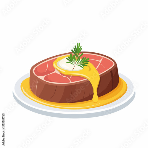 Gourmet raw beef steak with melting butter sauce and parsley garnish on a plate. Classic butchery food concept illustration.