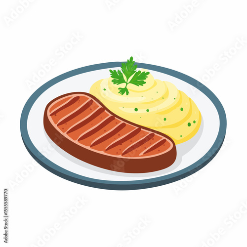 A classic dinner plate featuring a grilled beef steak with mashed potatoes and parsley garnish. Vector illustration of a hearty meal.
