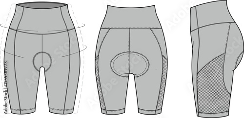  Cycling shorts technical drawing, padded bike shorts front back side view, compression fit, fashion flat, professional sportswear design template

flat vector illustration