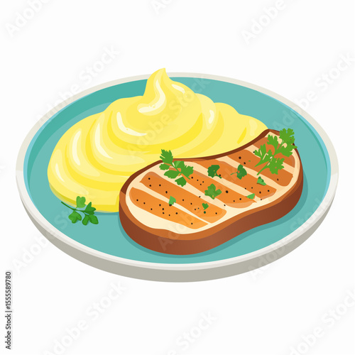 A savory grilled steak served with a generous portion of creamy mashed potatoes on a plate, garnished with fresh parsley.