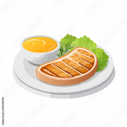 Juicy grilled pork steak with a creamy dipping sauce and fresh lettuce, a perfectly balanced and delicious meal on a white plate.
