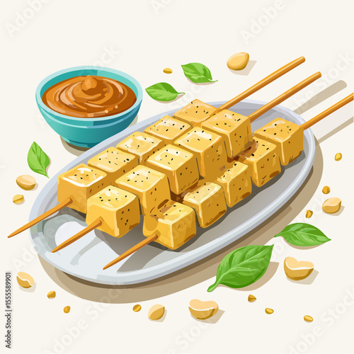 Savory grilled tofu skewers with peanut dipping sauce, a delicious vegetarian appetizer. Healthy Asian cuisine concept.