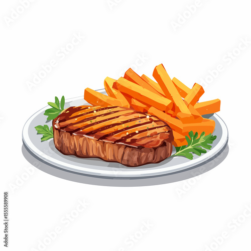 Juicy grilled beef steak with a side of crispy french fries. Classic steak frites meal served on a plate, isolated vector illustration.