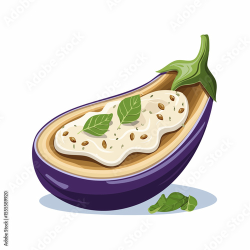 Stuffed eggplant appetizer with creamy filling and fresh basil. A healthy vegetarian gourmet recipe concept illustration.