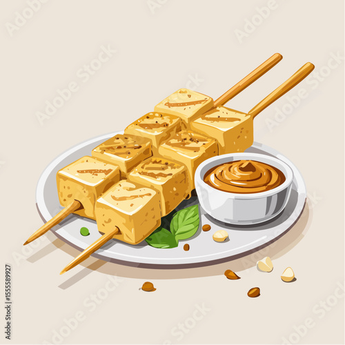 Delicious grilled tofu satay skewers with peanut sauce, a healthy vegan appetizer inspired by Asian cuisine.