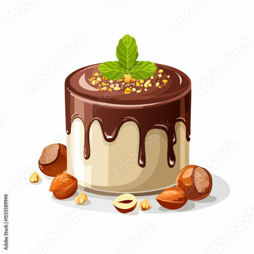 Gourmet hazelnut dessert with rich chocolate sauce topping, chopped nuts, and a fresh mint sprig illustration