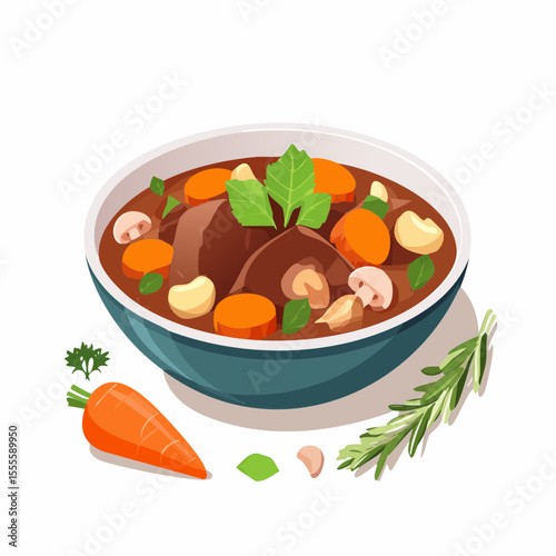 A hearty bowl of homemade beef stew with tender meat, fresh carrots, mushrooms, and herbs. A classic comfort food illustration.