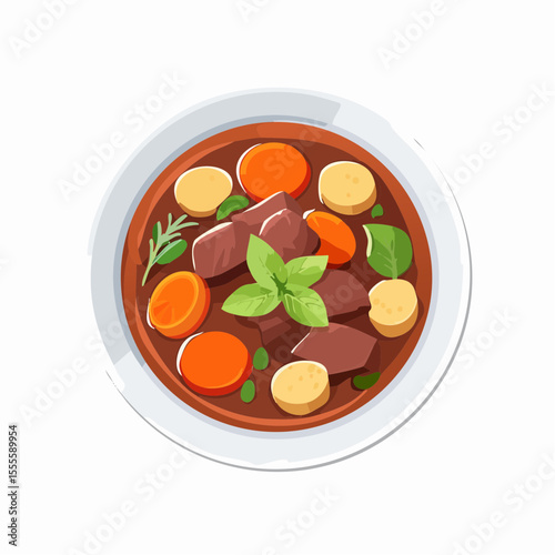 Hearty homemade beef stew with fresh carrots, potatoes, and herbs in a rich broth. A classic comfort food dish illustration.
