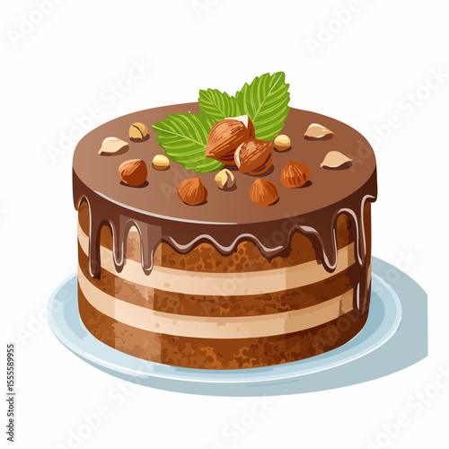 Illustration of a delectable chocolate layer cake topped with rich ganache, hazelnuts, and fresh mint