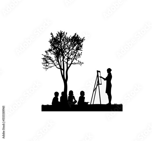 Silhouette of a teacher conducting an outdoor art class on white background