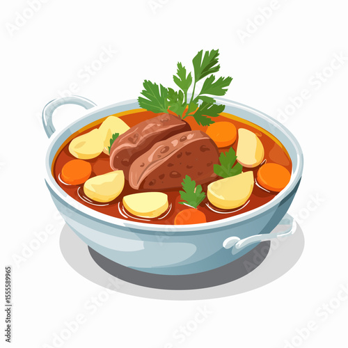 Classic beef stew with potatoes and carrots, a traditional comfort food concept. Hearty goulash meal illustrated.