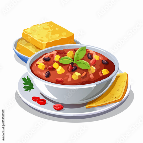 A hearty bowl of classic chili con carne with beans and corn, garnished with fresh herbs and served with golden cornbread