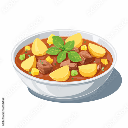 Delicious homemade beef stew with potatoes and vegetables in a white bowl. A classic comfort food vector illustration.