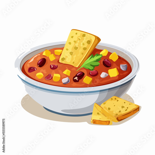 A warm and hearty bowl of classic chili con carne stew with beans, corn, and crackers, a perfect comfort food meal.