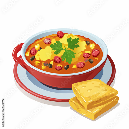 A vibrant illustration of a classic comfort meal, featuring a hearty bowl of chili with beans, corn, and cheese, served with a side of cornbread.