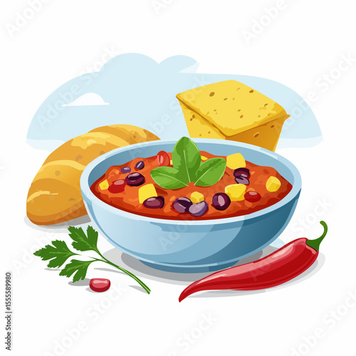 A hearty bowl of chili con carne with beans and corn, served with fresh cornbread, a roll, and a red chili pepper