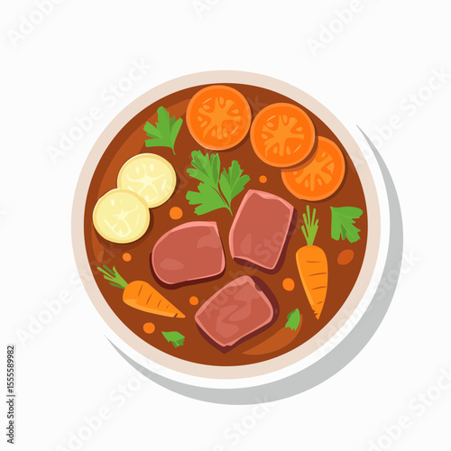 Hearty homemade beef stew with fresh vegetables in a bowl, a classic comfort food recipe illustration