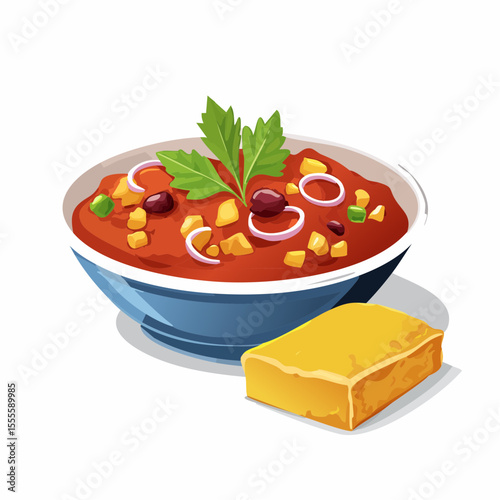 A delicious bowl of traditional chili con carne, garnished with onions and parsley, served with a side of warm cornbread.