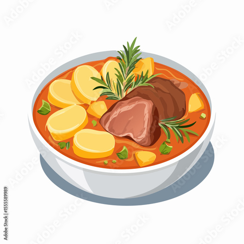A delicious bowl of hearty beef stew with potatoes and rosemary. Traditional homemade comfort food meal illustration.