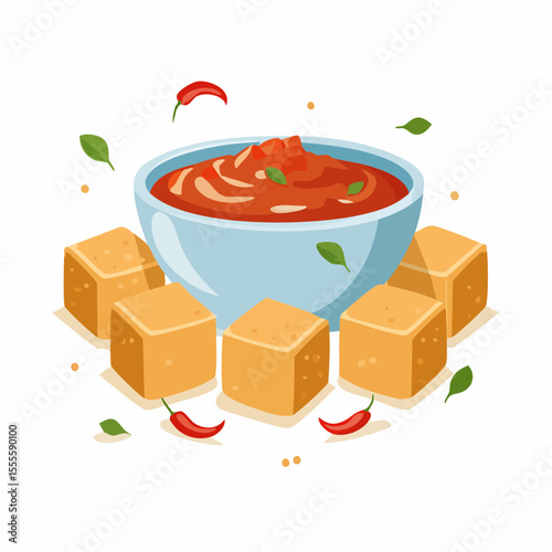 A flavorful appetizer of fried tofu cubes served with a spicy red chili dipping sauce, garnished with fresh basil leaves.